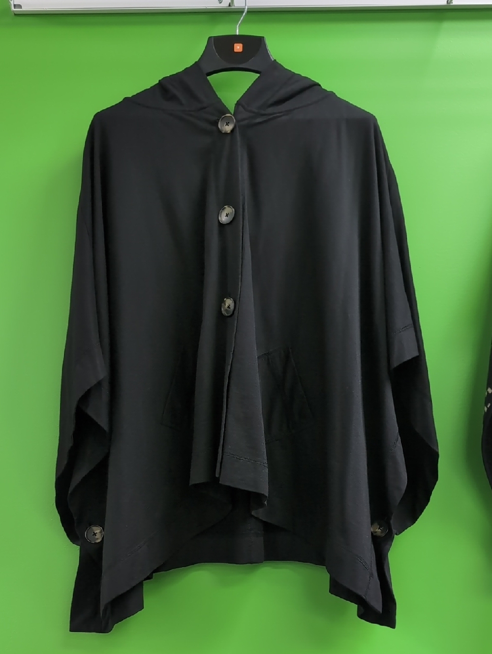 Black Hooded Button-Front Poncho Shrug